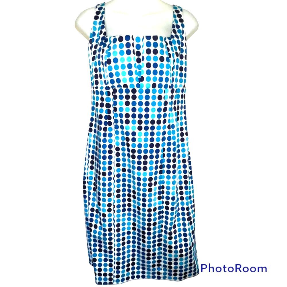 CALVIN KLEIN AQUA BLUE POLKA DOT SHEATH DRESS PLEATED TOP SIZE 10